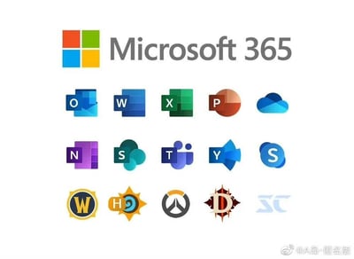 这是一张对微软Microsoft 365办公套件进行恶搞改编的静态图片。图片顶部是正版的Microsoft 365品牌标识，下方以三行五列的布局排列图标：第一行是微软经典的Office办公软件及云存储服务图标，依次为Outlook、Word、Excel、PowerPoint、OneDrive；第二行是微软的团队协作类应用图标，分别是OneNote、SharePoint、Teams、Yammer、Skype；第三行则被替换为暴雪娱乐旗下的五款知名网络游戏图标，从左到右依次是《魔兽世界》《炉石传说》《守望先锋》《暗黑破坏神》《星际争霸》。这张图通过将严肃的办公软件与休闲游戏图标混搭，玩出了「打工人的真实365日常」的趣味梗，调侃职场人群在工作之余对游戏的喜爱，或是用游戏来缓解工作压力的普遍状态，制造出强烈的反差感，引发职场群体的共鸣。