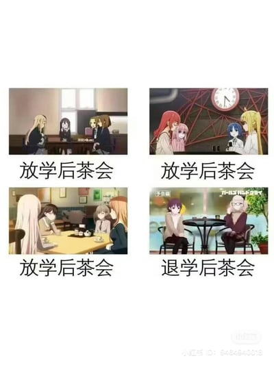 这是一组由四张动漫截图拼接而成的梗图，前三张分别是少女乐队题材动画《BanG Dream! It's MyGO!!!!!》《孤独摇滚！》《GIRLS BAND CRY》里的角色围坐聚会的场景，统一标注「放学后茶会」；第四张是《GIRLS BAND CRY》里主角井芹仁菜和制作人（大叔）的独处场景，标注「退学后茶会」。

**反差梗说明**：「放学」与「退学」仅一字之差，形成强烈的搞笑反差，前三张的青春少女多人聚会场景，和最后一张“只剩两人”的成熟向场景形成对比，调侃不同少女乐队作品里的聚会氛围变化，玩梗效果拉满。
