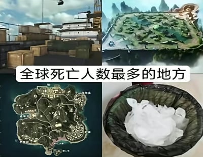 图片为四格拼接图，上方中央有白色文字'全球死亡人数最多的地方'。左上角为游戏场景截图，包含建筑、木箱和栏杆；右上角是带有山峰背景的绿色大型结构画面；左下角为一张地图截图，显示复杂的地形和建筑分布；右下角是一个装满白色物体的垃圾桶特写。整体通过拼接不同场景暗示'死亡人数最多的地方'这一主题，可能带有游戏或网络迷因的调侃意味。