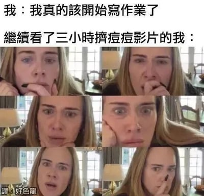 这是一张多图拼接的连环表情包，采用影视截图搭配文字的形式，上方文字“我：我真的该开始写作业了”点明了原本要完成的正事，下方文字“继续看了三小时挤痘痘影片的我：”则展现了实际的拖延行为，搭配的六张女性面部截图，表情从纠结、心虚逐步过渡到震惊、呆滞、惊讶、恍惚，生动还原了明明有任务在身，却忍不住沉迷无关视频，事后内心充满复杂懊悔情绪的状态，精准戳中拖延人群的日常痛点，引发共鸣。左下角的“譯：好色龍”是谐音梗，将“变色龙”谐音为“好色龙”，对应人物表情多变如同变色龙的特点，增添了搞笑效果。