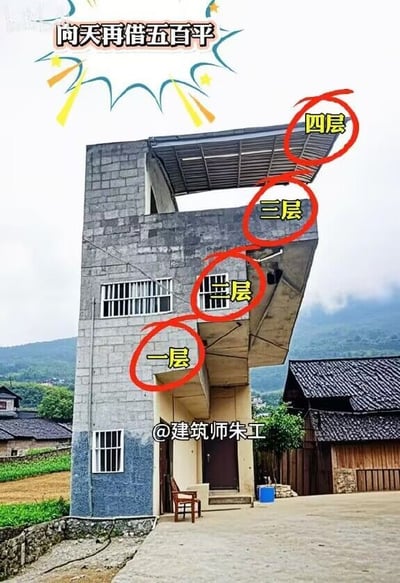 这是一张经过标注改编的乡村自建房实拍图，图中的民房设计十分反常，仅靠左侧的窄立柱支撑，二、三、四层都向同一侧大幅向外悬挑来拓展使用面积，每层悬挑部分都被红色圆圈标注了对应楼层，顶部搭配趣味文字“向天再借五百平”，调侃这种为了增加使用面积、设计大胆到看似不符合建筑安全规范的奇特结构，背景可见乡村山景和其他传统民居，建筑门口还摆放有一把木椅。
