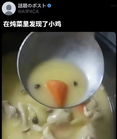 这是一张X.com（原Twitter）的社交媒体截图，图中展示了一锅奶黄色的炖菜汤，当用金属勺子盛起部分汤汁时，汤中的一块胡萝卜段和两颗黑胡椒粒恰好组成了类似小鸡脸部的造型，搭配上方的中文文字“在炖菜里发现了小鸡”，利用视觉错位制造出趣味十足的巧合效果，让人忍俊不禁。