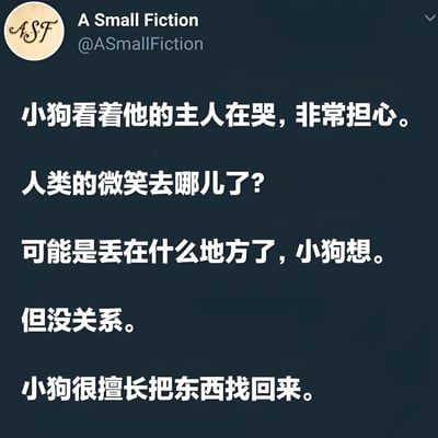 图片为深色背景的纯文字内容，顶部左侧有圆形ASF标志及文字“A Small Fiction @ASmallFiction”。主体内容是一段暖心小故事：小狗看到主人哭泣而感到担心，疑惑“人类的微笑去哪儿了？”，它猜想微笑可能被丢在了某个地方，但自信地认为自己很擅长把东西找回来。整体氛围温暖治愈，通过小狗的视角传递出陪伴与希望的情感。