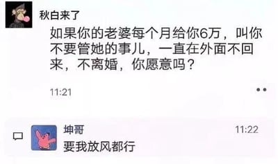 这是一张社交聊天平台的聊天记录截图，用户“秋白来了”使用叼着粉色泡泡糖的猴子卡通头像，提出一个关于婚姻与金钱的假设性问题：“如果你的老婆每个月给你6万，叫你不要管她的事儿，一直在外面不回来，不离婚，你愿意吗？”。随后用户“坤哥”使用《海绵宝宝》中派大星挥手的卡通头像，给出了夸张且充满调侃的回复“要我放风都行”，用戏谑的态度表达了对该条件的完全接受，通过反差感制造出搞笑效果，是一则针对婚姻话题的趣味调侃类内容。