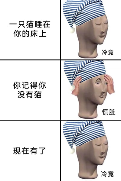这是一幅三格连环式的搞笑meme图，以戴蓝白条纹睡帽的假人模型为核心视觉元素，通过递进的文字剧情和假人表情动作的反差制造荒诞幽默的效果。第一格左侧文字为“一只猫睡在你的床上”，右侧假人闭着眼睛，右下角配文“冷竟”（谐音“冷静”），表现出初始状态的平静；第二格左侧文字为“你记得你没有猫”，右侧假人双手扶头、眼睛瞪大，右下角配文“慌脏”（谐音“慌张”），传递出意识到异常后的慌乱情绪；第三格左侧文字为“现在有了”，右侧假人再次恢复闭眼平静的状态，右下角配文“冷竟”，表现出接受这个荒诞事实后的淡定，整体用这种无厘头的剧情转折和谐音梗来戳中笑点，符合当下社交平台流行的脑洞类搞笑内容风格。