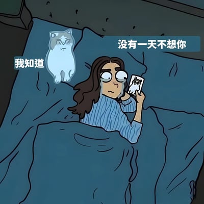卡通风格插画中，一位长发人士躺在床上，盖着蓝色被子，正手持一张猫咪照片，双眼含泪，表情悲伤。其身旁漂浮着一只灰白色的猫咪幽灵，幽灵旁有蓝色对话框写着“我知道”。画面上方有蓝色文字“没有一天不想你”，整体场景表达了对逝去猫咪的深切思念之情。