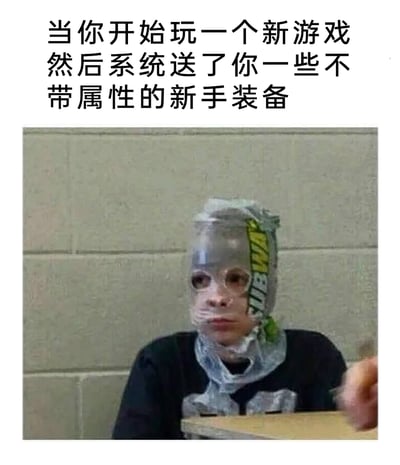 这是一张游戏相关的搞笑梗图，图上方配有文字“当你开始玩一个新游戏然后系统送了你一些不带属性的新手装备”，下方是一位将SUBWAY的透明塑料餐袋套在头上的真人，这个滑稽的造型完美对应了游戏里那些没有任何属性加成、看起来毫无用处又很滑稽的新手外观装备，精准吐槽了这类装备华而不实的特点，也生动表现出玩家拿到这类装备时无奈又哭笑不得的心情。