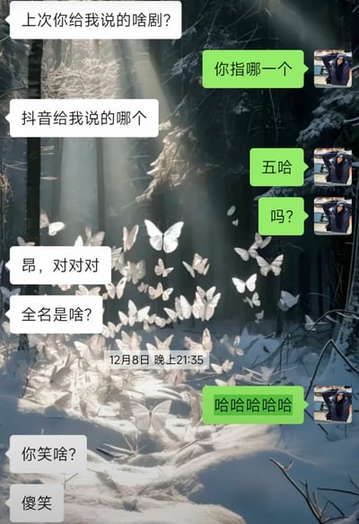 这是一张结合了AI生成背景的聊天记录截图，背景是带有暖黄色阳光光束、飞舞白色蝴蝶的雪地森林场景，聊天内容是两位好友的轻松日常对话：一方询问之前提及的、在抖音了解到的综艺名称，另一方确认是《五哈》，当询问该综艺全名时，回复方先发大笑表情，被对方调侃“傻笑”，整体氛围轻松诙谐，展现了好友间日常交流的趣味瞬间。