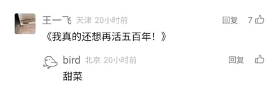 这是一张横版的社交媒体评论区屏幕截图，截图中呈现了两条用户发布的评论。第一条评论来自用户“王一飞”，其所在地标注为天津，发布时间为20小时前，评论内容为引用歌曲《向天再借五百年》的歌词《我真的还想再活五百年！》，该评论获得了7个点赞，同时配有回复按钮；第二条评论来自用户“bird”，头像是一个简约的卡通小鸟形象，所在地标注为北京，发布时间同样为20小时前，评论内容仅为“甜菜”二字，该评论有点赞按钮和回复按钮，但暂无点赞数。整体界面是典型的国内社交媒体评论区样式，信息清晰明了。