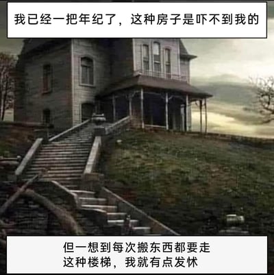 这是一张经过文字改编的搞笑梗图，底图是一栋坐落在坡地上的郊外老旧房屋，搭配了一组属于矛盾空间的不可能楼梯，楼梯的结构违背现实物理规则，呈现出视觉悖论效果。图中上下两段配文形成反差：上方表示自己不怕这类看起来像鬼屋的房子，下方则吐槽一想到搬东西要走这种反人类的楼梯就犯怵，将原本诡异的恐怖感，转化为对生活中琐碎麻烦的无奈吐槽，用这种反差制造出搞笑的效果，戳中人们对爬楼梯搬东西这类麻烦事的共鸣。
