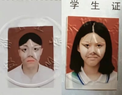 两张学生证件照被拼接在一起，左边为短发，右边为长发，但背景、服装高度相似。该图常见于网络，用于玩梗“发型决定性别气质”“学生时代的变化”，调侃发型变了就是换了个人，给人性别反转、PS换头的迷惑感。适用于朋友圈、同学群用于自嘲或吐槽成长变化，也常被用作表情包。涉及一定的视觉双关和潜在的“伪装”暗示。