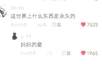 这是一张来自社交平台的评论区截图，画面中展示了两条互动评论：用户“2b.ras”发起提问“这世界上什么东西是永久的”，该评论发布4小时后收获7522个点赞；用户“c_14”以“妈妈的爱”作为回复，这条发布1小时的评论获得了1965个点赞。简短的问答将母爱定义为世间的永久之物，传递出温暖的情感，引发人们对母爱的共鸣。