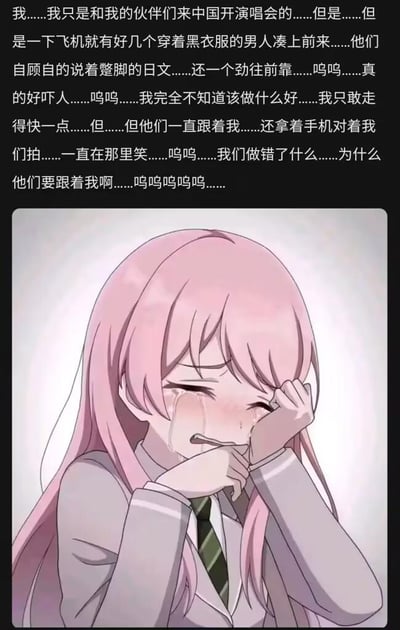 这是一张图文混排的二次元梗图，上方是一段第一人称的文字叙述：一名随伙伴来中国开演唱会的外国艺人，下飞机后遭遇数名黑衣男子，对方说着蹩脚日文，不断凑近、尾随她，还拿着手机拍摄并嬉笑，让她陷入极度的恐惧与无助，只能慌乱快步离开却无法摆脱；下方是动画《BanG Dream! It's MyGO!!!!!》中的角色高松灯，她双眼紧闭，满脸泪痕，双手紧紧捂着脸，身体微微蜷缩，呈现出崩溃大哭、极度委屈害怕的状态，文字内容与角色的悲伤情绪形成强烈对应，将被骚扰后的恐惧无助感具象化。