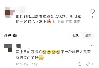 这张图片是社交媒体评论区的截图，展示了两条关于视频内容的评论。第一条评论内容为："他们都能坦然看这些黄色视频，那坦然的一起做也正常吧🍑"，发布于3小时前，来自广西，获得了4个点赞。第二条评论写道："两个男的聊情感🤢🤢🤢🤢下一秒就要大英警察进港门了吧😄"，发布于19小时前，来自北京，获得了3个点赞。截图显示该内容共有85条评论，可以按"默认"或"最新"排序查看。
