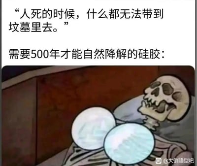 这张梗图以夸张和讽刺手法回应了“人死的时候，什么都无法带到坟墓里去”这句哲理警句。但下面又用一只抱着两个硅胶假体的骷髅形象调侃：由于硅胶假体分解极慢，甚至能“陪人进坟墓”，形成黑色幽默的反差梗。带有调侃医美、整形、环保等多重含义。