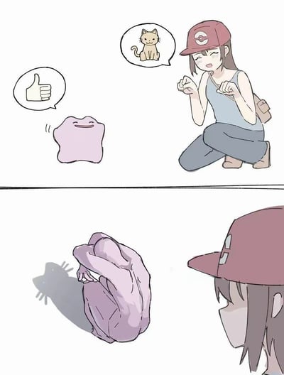 这是一幅上下两格的原创搞笑连环漫画，改编自宝可梦IP：上格中，戴着精灵球帽子的宝可梦训练师蹲在地上，通过气泡示意百变怪模仿一只猫咪，百变怪则用点赞的气泡回应表示没问题；下格中，百变怪没有直接变身成猫咪，而是蜷缩起身体，让自己的影子投射出猫咪的形状，以此完成模仿，训练师看到后露出惊讶的反应。笑点在于百变怪钻了指令的空子，用另类的方式完成模仿，充满反差感和脑洞创意。