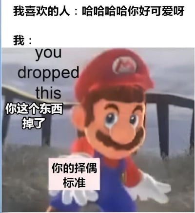 图片上半部分为两行文字：“我喜欢的人：哈哈哈哈你好可爱呀”和“我：”。下半部分是游戏角色马里奥的截图，他戴着红色帽子，身穿红蓝配色服装，正伸出双手。图片叠加文字有英文“you dropped this”、中文“你这个东西掉了”以及方框内的“你的择偶标准”。通过幽默对比，表现当喜欢的人夸赞自己可爱时，自己调侃对方“掉了择偶标准”（暗指自己可能不符合对方标准但因可爱被接受）的轻松搞笑场景。