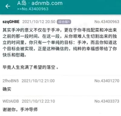 图片为A岛论坛（adnmb.com）的帖子截图，展示了一个关于“手冲意义”的讨论线程。原帖用户szqGH8E于2021年10月12日20:50发表长文，称手冲的意义在于过程中那段从艰难人生切割出的独立时间，单纯目标带来的确信与纯粹幸福感。下方有两条用户回复，分别为“确实”（21:00）和“谢谢你，手冲导师”（22:10），体现了其他用户的共鸣与幽默调侃。