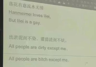 这是一张屏幕截图形式的图文混排梗图，内容是将两句中文经典语句用恶搞式的口语化英文进行翻译，制造强烈的反差笑点：
1. 原句“落花有意流水无情”被翻译成“Hanmeimei loves lilei, But lilei is a gay.”，借用了国内知名初中英语教材里的经典角色李雷（lilei）和韩梅梅（Hanmeimei），用单恋的搞笑设定来诠释原句的单恋遗憾意境；
2. 原句“出淤泥而不染，濯清涟而不妖”（出自周敦颐《爱莲说》，原本表达莲花的高洁品格）被翻译成“All people are dirty except me, All people are bitch except me.”，完全抛弃原句的清雅意境，用直白粗俗的口语化英文来表达，形成巨大反差，制造搞笑效果。
图中没有双关、谐音梗，纯靠翻译的离谱反差来制造笑点。