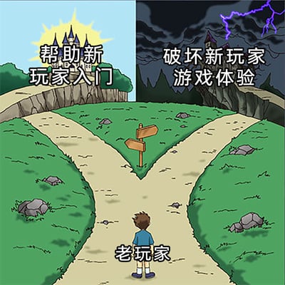 这是一张改编自经典岔路选择模板的游戏圈梗图，画面中一名被标注为“老玩家”的卡通人物站在分岔路口前，左侧道路通向被阳光笼罩的明亮城堡，配文“帮助新玩家入门”，代表友善引导新玩家的正向选择；右侧道路通向乌云密布、伴有雷电的阴森城堡，配文“破坏新玩家游戏体验”，代表恶意干扰新玩家的负向选择。该图通过强烈的视觉对比，调侃了游戏社群中老玩家对待新玩家的两种截然不同的态度与行为，生动展现了游戏圈里的玩家生态分歧。