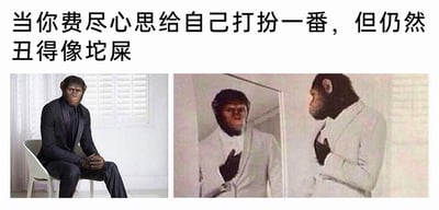 这是一张图文混排的左右对比多图拼接作品，上方配有扎心的自嘲文字：“当你费尽心思给自己打扮一番，但仍然丑得像坨屎”。左侧图片中，一个头部为猩猩、身体穿着深色西装的形象坐在白色椅子上，双手交握放在腿上，神情低落，透着沮丧；右侧图片里，这个猩猩头的形象换上了浅色西装，站在镜子前注视着镜中的自己，神态依旧充满对自身外貌的不满。这组图通过将猩猩头部与人类身体合成的拟人化方式，用夸张且幽默的画面，精准戳中人们在精心打扮后，依旧对自己外貌不满意的自我嫌弃情绪，用自嘲的方式引发同类情绪人群的共鸣。