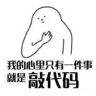 图片为一幅简单的卡通风格插画，画面上方是一个线条勾勒的卡通人物，头部呈圆形，身体简洁，右手轻轻放在胸前，表情平静。人物下方配有文字“我的心里只有一件事 就是敲代码”，整体构图简洁明了，通过卡通形象与直白文字结合，幽默地表达了对编程工作的专注或自嘲式投入。