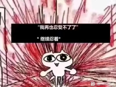 这是一张静态的卡通风格meme图，画面中心是一只白色的原创卡通小猫，它睁着大眼睛，嘴角上扬，双手摊开站立着，表面神态看起来十分平静。但小猫身后是炸裂状的红色线条背景，直观地表现出它内心的极度崩溃。图片上方的黑色文字框里写着“我再也忍受不了了”，下方标注“*继续忍着*”，形成了内心情绪与实际行动的强烈反差，精准描绘出当代人尤其是职场人在巨大压力下，内心已经濒临爆发，却不得不强迫自己压抑情绪、继续忍耐的状态，很容易引发大众的情绪共鸣。
