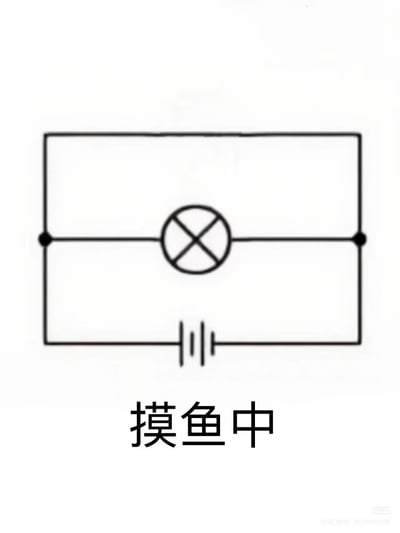 一张结合物理电路知识的搞笑梗图。图中是一个简单的电路示意图，包含一个电池和一个灯泡符号（灯泡呈未点亮状态，电路可能为断路），下方配有黑色文字“摸鱼中”。通过电路不通电、灯泡不亮的视觉隐喻，幽默表达职场或学习中“摸鱼”（偷懒、不认真工作）的状态。