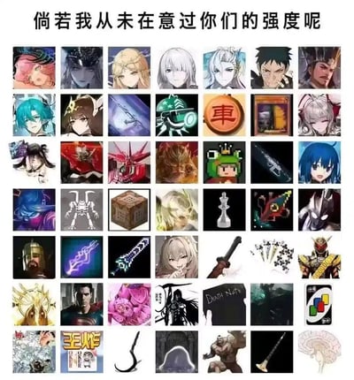 图片上方有一行文字“倘若我从未在意过你们的强度呢”，下方是一个7×7的网格布局，包含49个不同的动漫、游戏角色头像及物品图片。这些图片涵盖了各种风格的角色设计，包括二次元动漫人物、游戏角色、武器装备、卡牌等元素，整体呈现出多元的ACG文化元素集合。