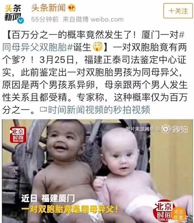 这是头条新闻发布的一则社会新闻微博，内容为福建厦门出现了一对罕见的同母异父双胞胎男孩。经福建正泰司法鉴定中心证实，这对异卵双胞胎是由于母亲在短时间内与两名男性发生性关系并分别受精导致，医学专家表示这种情况的发生概率仅为百万分之一。微博附带了相关视频链接，配图是这对双胞胎的照片，两人外貌存在明显差异，直观呈现了这一罕见案例的特殊性。