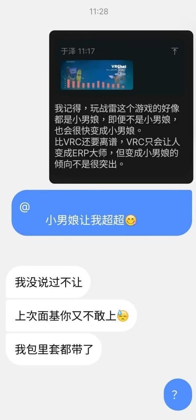 这是一张竖屏的手机聊天记录截图，内容是游戏爱好者之间的趣味调侃对话。开头用户“于泽”在11:17分享了一段关于游戏玩家群体的玩梗观点，称玩《战争雷霆》（俗称“战雷”）的玩家大多是“小男娘”，就算原本不是这类群体，玩了游戏后也会往这个方向转变，还将其和VRChat对比，认为VRChat只会让玩家变成“ERP大师”，但没有这么强的“小男娘”倾向。随后有用户发送消息“小男娘让我超超😉”，紧接着另一位用户回复“我没说过不让”，继续调侃“上次面基你又不敢上😥”，甚至爆出“我包里套都带了”的劲爆内容，最后以一个蓝色气泡的问号收尾，整个对话充满了好友间的戏谑和游戏圈的专属玩梗氛围，尺度较大但属于圈子内的玩笑。