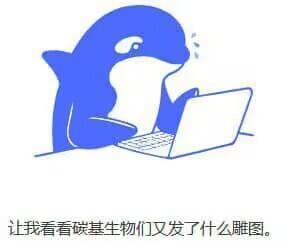 这是一张趣味网络梗图，画面主体是一只蓝色卡通海豚，它坐在笔记本电脑前，用鳍操作电脑，额头挂着汗珠，表情带着好奇又略带无奈的神态。图片下方配有文字“让我看看碳基生物们又发了什么雕图”，用“碳基生物”指代人类，以海豚的视角调侃人类在网络上发布的各种离谱、搞笑的内容，充满戏谑的幽默感，用来表达对网上奇葩内容的围观心态。