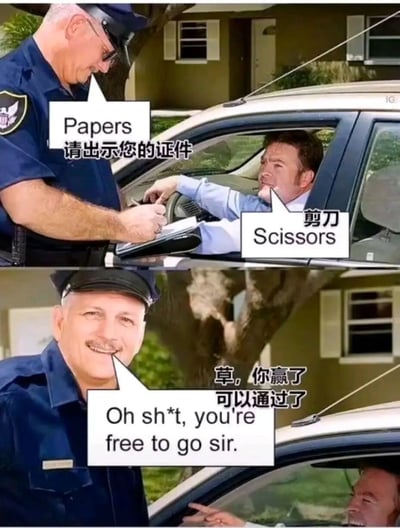 这是一张上下拼接的搞笑梗图，上方画面呈现交警拦停车辆，严肃要求司机出示证件（英文“Papers”对应石头剪刀布中的“纸”），司机却用“剪刀 Scissors”回应；下方画面中交警露出无奈又带笑意的表情，认输表示司机“赢了”，允许其通行，配文包含中英文的认输内容。图中巧妙借用石头剪刀布“剪刀剪纸”的游戏规则，将严肃的证件检查环节解构为荒诞的游戏对决，制造出无厘头的搞笑效果。