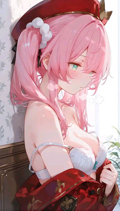 这是一张AI生成的二次元风格插画，画面中的粉发双马尾少女戴着带有金色装饰的红色贝雷帽，身穿白色蕾丝内衣，披着带有金色纹样的红色外套，正靠墙站立，眼神低垂、脸颊泛红，神态羞涩局促，柔和的室内光线烘托出温馨私密的氛围。