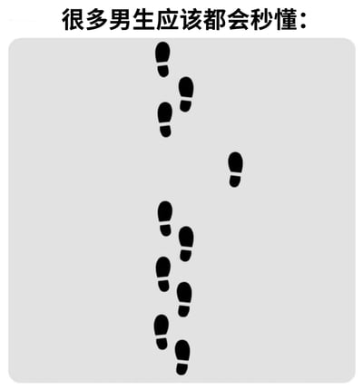 图片上方有黑色文字“很多男生应该都会秒懂：”，下方灰色背景区域中有多组黑色脚印图案，脚印排列呈现出一定的走向，整体构图简洁，通过脚印这一视觉元素暗示某种男生群体内常见的、易于共鸣的场景或行为模式。
