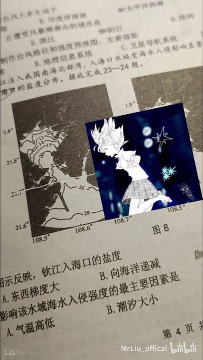 这是一张经过P图改编的搞笑图片，主体是一张印有地理题目的试卷，题目围绕钦江入海口盐度与海水入侵相关内容展开，在试卷的图表位置被叠加了一个白色短发、身着短裙的卡通魔法少女角色，角色周身带有星芒类的魔法特效，将严肃的试卷内容与活泼的动漫角色混搭，营造出荒诞搞笑的效果，图中没有双关、谐音梗或暗示内容。