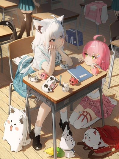 这是一幅AI生成的二次元同人插画，描绘了虚拟主播团体hololive的两位成员白上吹雪与樱巫女在教室中的治愈日常场景。白发猫耳的白上吹雪双手托腮，面带温柔微笑看向同伴；粉发的樱巫女跪坐在地板上，趴在桌边，神情带着腼腆羞涩。课桌上摆放着多个造型软萌的小玩偶，地面还有可爱的猫形背包，午后阳光洒在教室中，整体氛围温暖又治愈。图中没有双关、谐音梗或暗示内容。