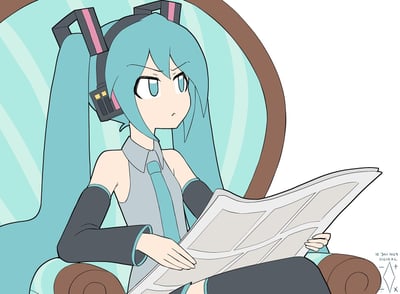 卡通风格插画，描绘了VOCALOID虚拟歌手初音未来坐在浅蓝色扶手椅上阅读报纸的场景。她有着标志性的蓝色长发，头戴黑色和粉色相间的耳机，表情略带冷淡，眼神看向一侧。背景为简洁的浅蓝色渐变，突出人物主体。