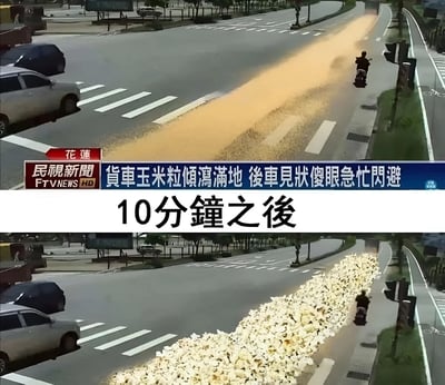 这是一张幽默对比图，上半部分显示一辆货车倾倒玉米粒在道路上的新闻画面，标题写着'貨車玉米粒傾瀉滿地 後車見狀傻眼急忙閃避'。下半部分显示'10分鐘之後'，同样的道路场景中，玉米粒神奇地变成了大量爆米花，形成了荒诞搞笑的视觉效果。