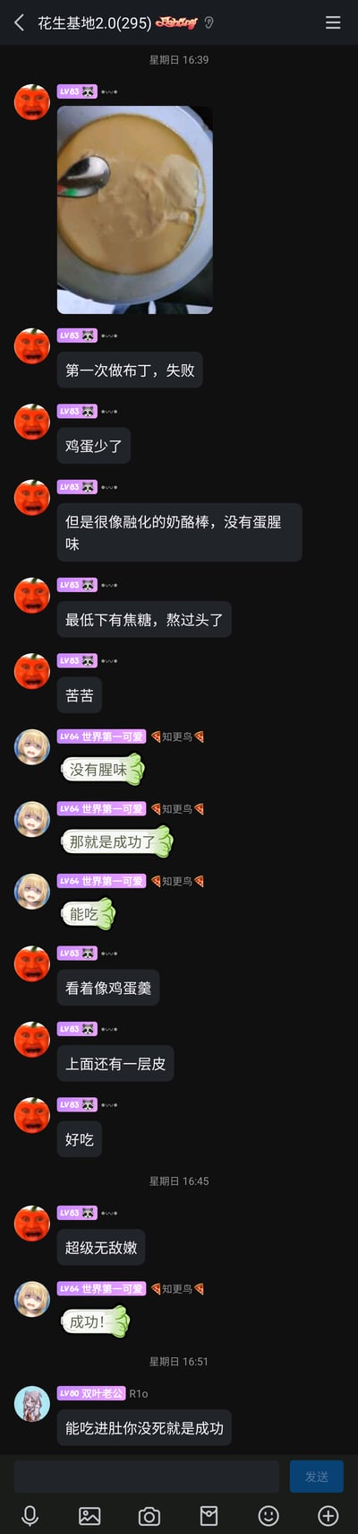 这是一张QQ群聊的截图，群名为“花生基地2.0(295)”，LV83的用户（头像是红辣椒恶搞人脸）分享了自己第一次做布丁失败的成品图，随后说明失败原因是鸡蛋放少了，底部的焦糖熬过头导致发苦，但成品没有蛋腥味，口感超级嫩，外观看起来像鸡蛋羹还带有一层皮，味道好吃。群友“LV64 世界第一可爱”安慰道没有腥味、能吃就是成功，最后“LV80 （卡通头像用户）”用玩笑话调侃“能吃进肚你没死就是成功”，整个对话氛围轻松有趣，是群内成员日常美食制作分享与互动的内容。