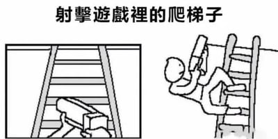 这是一张左右对比的黑白线稿梗图，顶部配有文字“射击游戏里的爬梯子”。左侧画面展示一把枪卡在梯子的横杠之间，呈现出类似被梯子“卡住”的状态；右侧画面则是一个卡通人物攀爬梯子时，双手握住梯子横杠，做出模仿射击的动作，身体姿态也贴合射击的姿势。这张图用错位的画面趣味调侃了射击游戏玩家在游戏中即使是爬梯子，也会下意识做出射击动作的习惯，充满了对游戏玩家日常行为的搞笑吐槽。