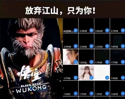 这是一张玩梗合成图，左侧是游戏《黑神话：悟空》的主角悟空的宣传形象，他表情严肃，身着极具中式古典风格的铠甲，画面下方带有“悟空 BLACK MYTH WUKONG”的标识；右侧是类似电子设备的文件选择界面，大量标注着1.6GB到5.09GB不等大内存容量的文件（推测是《黑神话：悟空》的游戏安装包或相关资源文件）被勾选，处于待删除状态，仅留下了几个容量较小的真人女性图片文件。图片顶部配有文字“放弃江山，只为你！”，用夸张反差的方式玩梗，将占用大量存储空间的热门游戏文件比作“江山”，将留存的美女素材比作“你”，调侃部分玩家为了留存其他素材，宁愿删除关注度极高的热门游戏相关文件的搞笑行为，充满反差感和趣味性，精准戳中玩家对于大体积游戏占用空间的共鸣。