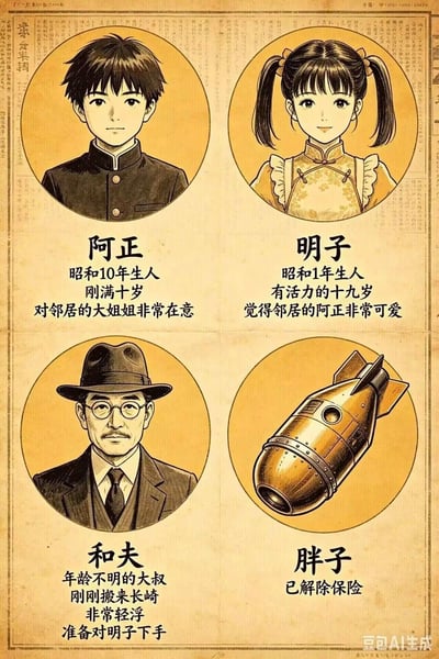 整张图采用仿昭和年代旧报纸的泛黄复古风格排版，整体分为四个对应模块，先通过前三个角色的介绍营造出青春恋爱故事的叙事氛围：10岁少年阿正在意邻居姐姐、19岁少女明子喜欢阿正、刚搬到长崎的轻浮大叔和夫打算对明子下手，最后一个模块揭露名为“胖子”的“角色”是已经解除保险的原子弹，对应二战时期美国投放到日本长崎的“胖子”原子弹，用前期的叙事误导形成强烈的反差讽刺效果。