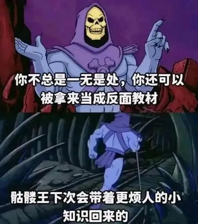 图片分为上下两部分，均为动画角色骷髅王的场景。上半部分中，骷髅王身着紫色兜帽斗篷，露出黄色骷髅脸，双手摊开并指向一侧，配文“你不总是一无是处，你还可以被拿来当成反面教材”。下半部分骷髅王背对着画面，手持权杖走在布满尖刺的通道中，配文“骷髅王下次会带着更烦人的小知识回来的”。整体通过骷髅王的邪魅形象和幽默文案，以自嘲的方式制造笑点。
