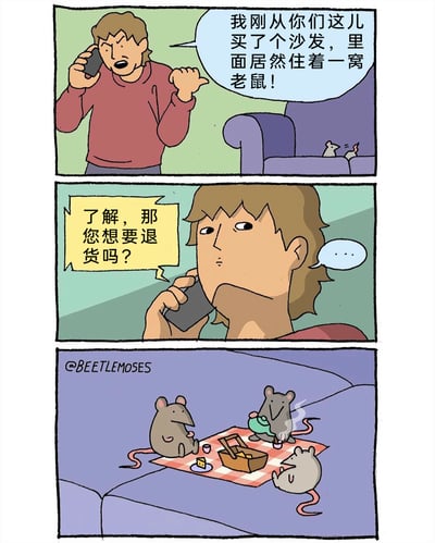 这是一则三格连环卡通漫画，第一格中，一位顾客愤怒地拿着手机，向沙发商家投诉刚购买的沙发里住着一窝老鼠，沙发上能看到两只小老鼠的身影；第二格切换到顾客的近景，客服在电话中询问顾客是否想要退货，顾客露出无语的表情，以沉默回应；第三格镜头聚焦在沙发内部，三只老鼠正惬意地在沙发里铺着红白格野餐垫，喝茶吃点心，把沙发当成了自己的家，和顾客的投诉形成强烈反差，制造出幽默搞笑的效果。