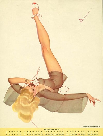 这是一张1947年12月的复古日历插画，主体为一位金发 pin-up 女郎，她身着半透明深色连体装与白色系带鞋，单腿高高抬起，身体呈现倾斜的性感姿势，左手轻触头部，右手自然伸展。画面底部为黄色背景的日历部分，清晰显示了12月的日期（1日至31日）及星期标识（MTWTFSS），顶部右侧有红色的“PETTY”艺术家签名，底部右侧标注“COPYRIGHT 1947 ESQUIRE PUBLICATIONS, INC.”。整体风格体现了20世纪40年代经典的 pin-up 艺术特色，融合了妩媚的人物造型与实用的日历功能。