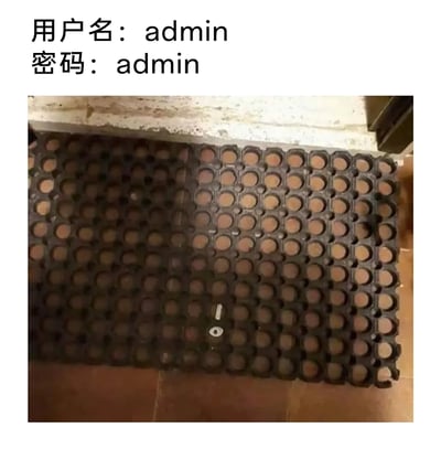 这是一张图文混排的趣味梗图，上方用清晰的文字标注了通用的测试账号密码“用户名：admin 密码：admin”，下方则是一张带有大量圆形镂空孔洞的黑色地垫，其中一个孔洞内放置了一个类似钥匙的小型物件。图片将账号密码与实物钥匙结合，隐喻了系统登录中的多因素验证环节，用生活化的场景和物品制造出幽默的效果，常用于职场或IT相关的社群中调侃登录验证的流程。
