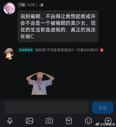 这是一张聊天软件的截图，显示了两位用户的对话。一位名为"下级 42特二"的用户发送消息称自己可能是被催眠的美少女，现在的生活都是虚假的。另一位名为"白毛萝莉王 福利极(不吃香菜男朋友)(一天看800部片)"的用户发送了一张人物照片作为回应，照片中人物双手举过头顶。界面底部显示了输入框和发送按钮。