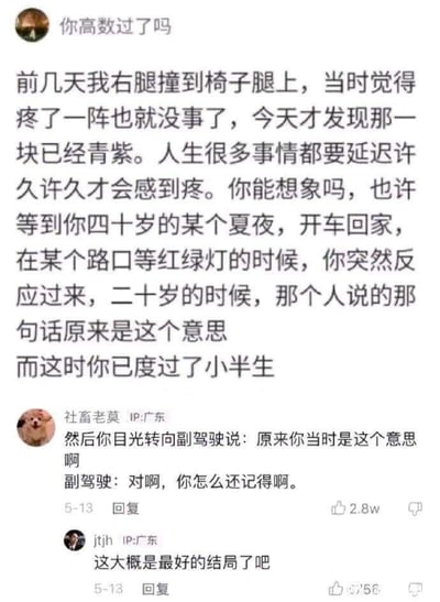 图片是微博平台的用户互动截图，原博主“你高数过了吗”以腿部撞到椅子后延迟出现青紫的经历，类比人生中许多感受都会延迟：也许到四十岁的某个夏夜，才突然读懂二十岁时某人说的话，此时已过了小半生，这段略带伤感的人生感悟引发网友共鸣。评论区用户“社畜老莫”续写了暖心的后续：主角转头问副驾驶当年的话的意思，副驾驶回应还记得，另一位用户评论“这大概是最好的结局了吧”，将原本可能充满遗憾的感悟，转化为圆满温暖的结局，戳中众多网友的柔软点。