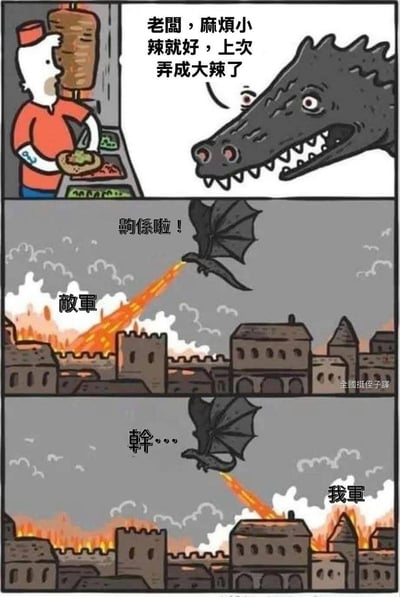 这是一幅三格连环卡通梗图：
1. 第一格：一条龙在烤肉店点餐，认真地跟老板说「老闆，麻煩小辣就好，上次弄成大辣了」，表现出对辣度的在意；
2. 第二格：龙飞在城池上空，喷出火焰焚烧敌军的城池，配文「㩒係啦！」（粤语意为「就是这样！」），看起来作战勇猛；
3. 第三格：龙的火焰失控喷向了自己人的城池，配文「幹…」，显然是因为之前吃太辣的后劲，导致无法精准控制喷火，把友军也烧了。

梗图的笑点在于将日常点餐要辣度的场景，和龙喷火作战的奇幻设定结合，用吃辣失控的日常体验，制造出战场敌我不分的荒诞反差，充满黑色幽默。